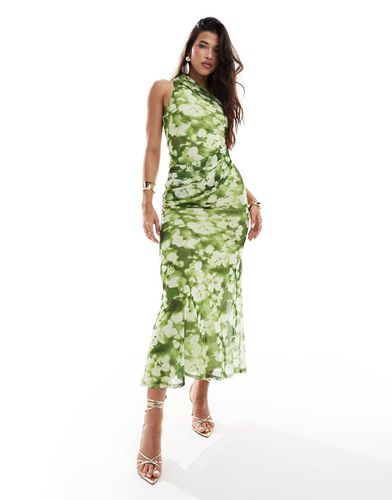 Vestito midi monospalla verde a fiori in rete con intreccio e gonna raccolta - ASOS DESIGN - Modalova