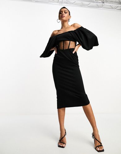 Vestito midi nero con corsetto in rete, spalle scoperte e maniche drappeggiate - ASOS DESIGN - Modalova