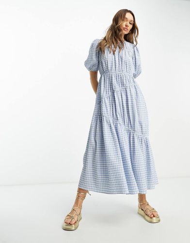 Vestito midi a balze raccolto in vita blu a quadri stile picnic - ASOS DESIGN - Modalova