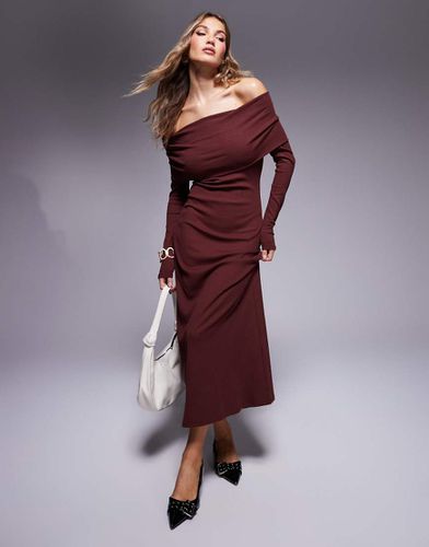 Vestito midi a maniche lunghe bordeaux a coste con scollo alla Bardot - ASOS DESIGN - Modalova