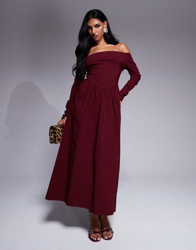 Vestito midi a maniche lunghe in bengalina bordeaux con scollo alla Bardot - ASOS DESIGN - Modalova