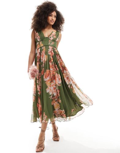 Vestito midi a pieghe con scollo profondo stile corsetto e bottoni verde con stampa a fiori - ASOS DESIGN - Modalova