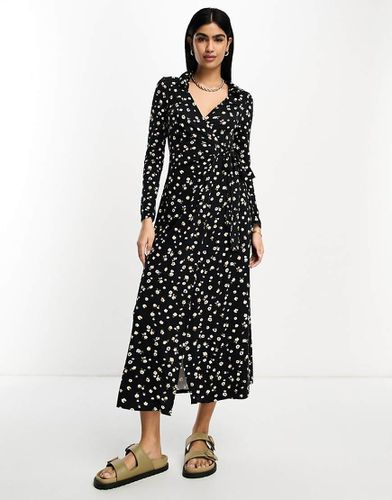 Vestito midi avvolgente a maniche lunghe con colletto nero con stampa a fiorellini - ASOS DESIGN - Modalova