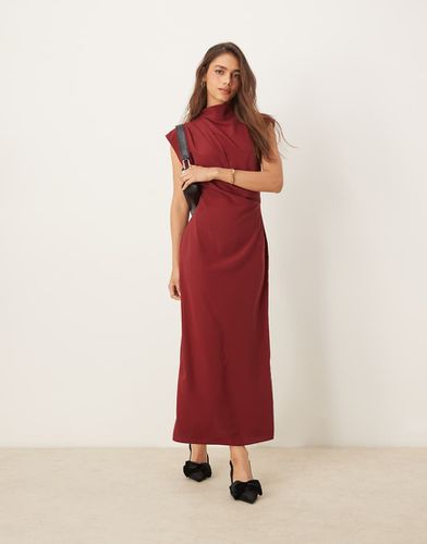 Vestito midi accollato senza maniche bordeaux con scollo drappeggiato - ASOS DESIGN - Modalova