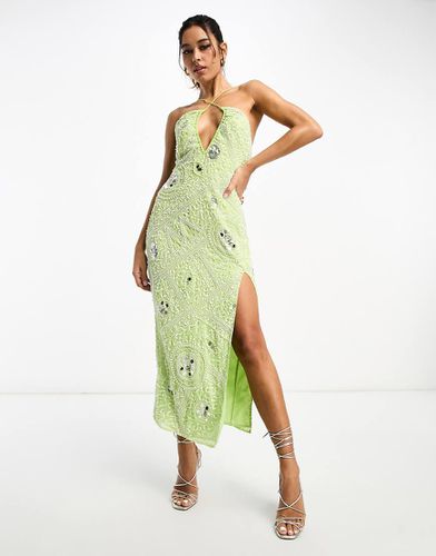 Vestito midi allacciato al collo lime con perline bianche - ASOS DESIGN - Modalova