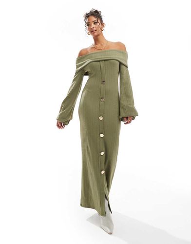 Vestito midi verde oliva a coste con bottoni grandi e scollo alla Bardot - ASOS DESIGN - Modalova