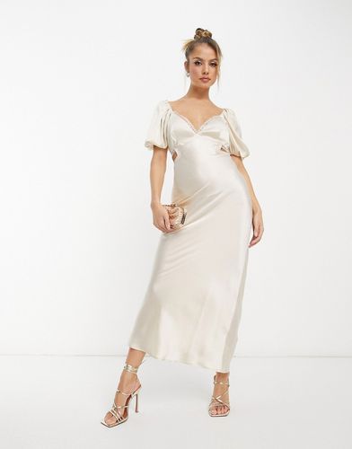 Vestito modello milkmaid in raso color pietra con finiture in pizzo, gonna al polpaccio e fascette sul retro - ASOS DESIGN - Modalova