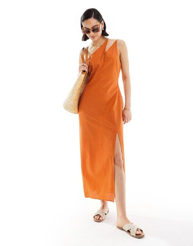 Vestito prendisole midi monospalla in lino arancione bruciato con spallina con cut-out - ASOS DESIGN - Modalova