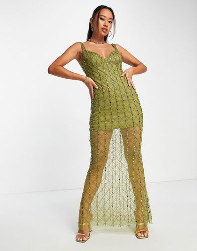 Vestito sottoveste lungo verde oliva con decorazione con paillettes - ASOS DESIGN - Modalova