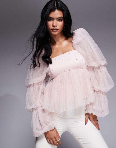 Top babydoll in tulle rosa decorato con perle - ASOS Luxe - Modalova