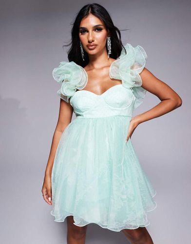 Vestito corto skater stile babydoll in organza verde con stampa a pois e volant - ASOS LUXE - Modalova