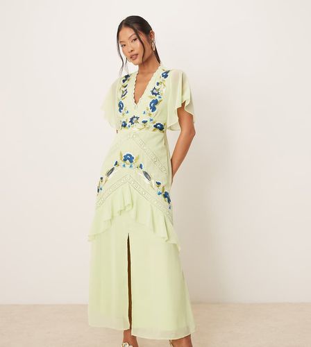 Robe longue brodée à manches en cascade et bords en dentelle - Menthe - Hope & Ivy Petite - Modalova