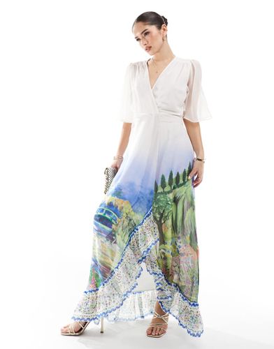 Robe portefeuille longue à manches évasées et liens à la taille avec imprimé paysage - Hope & Ivy - Modalova