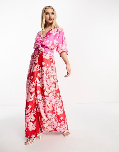 Vestito lungo con maniche a kimono rosa e rosso a fiori a contrasto - Hope & Ivy - Modalova