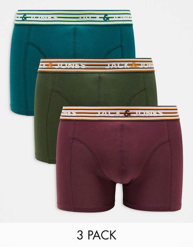 Confezione da 3 boxer aderenti verdi e bordeaux con elastico a righe fluo - Jack & Jones - Modalova