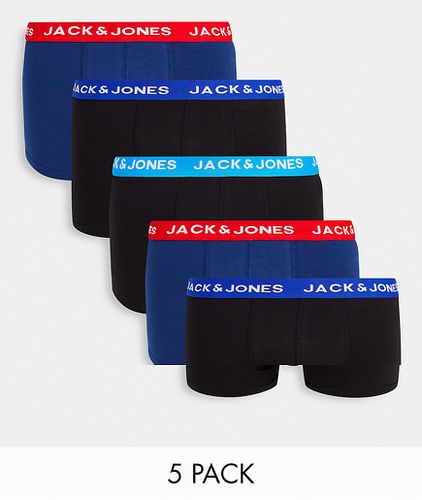 Confezione da 5 boxer aderenti con elastico in vita a contrasto nero e blu - Jack & Jones - Modalova