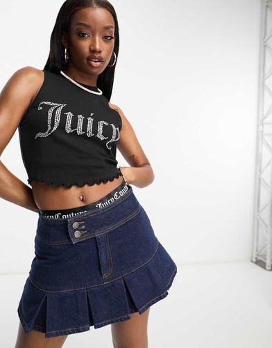 Top senza maniche aderente nero con orlo smerlato e logo con strass - Juicy Couture - Modalova