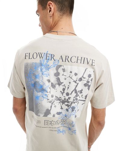 T-shirt taglio comodo beige con stampa botanica sul retro - ONLY & SONS - Modalova