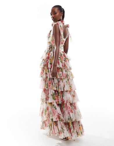 Vestito lungo a fiori vivaci a balze con fiocchi sulle spalle - Lace & Beads - Modalova