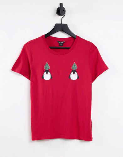 T-shirt natalizia in cotone rossa con stampa di pinguini - RED - Monki - Modalova