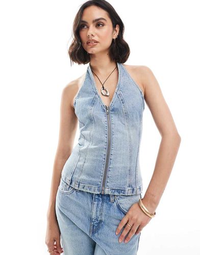 Gilet in denim azzurro accollato con zip in coordinato - Mango - Modalova