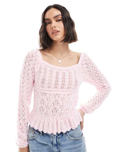 Top en maille crochetée avec basque et manches longues - Rose clair - Miss Selfridge - Modalova