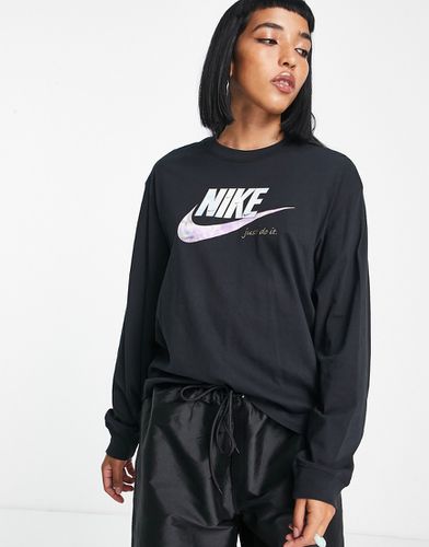 T-shirt nera a maniche lunghe con logo luccicante - Nike - Modalova