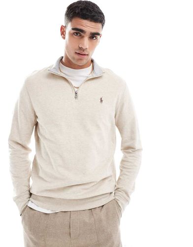 Felpa in maglia doppia beige mélange con logo e zip corta - Polo Ralph Lauren - Modalova