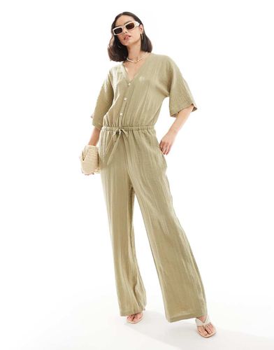 Tuta jumpsuit oliva arricciata con maniche a palloncino - Pretty Lavish - Modalova