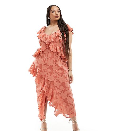 Vestito al polpaccio color terracotta in jacquard a fiori con volant - Pretty Lavish Curve - Modalova