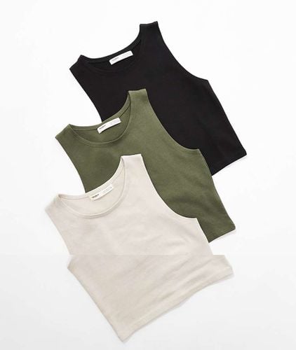 Confezione da 3 crop top a coste con scollo a vogatore écru, kaki e nero - Pull & Bear - Modalova