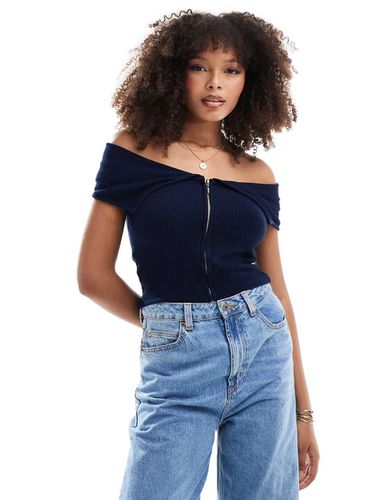 Top navy con scollo alla Bardot e zip - Pull & Bear - Modalova