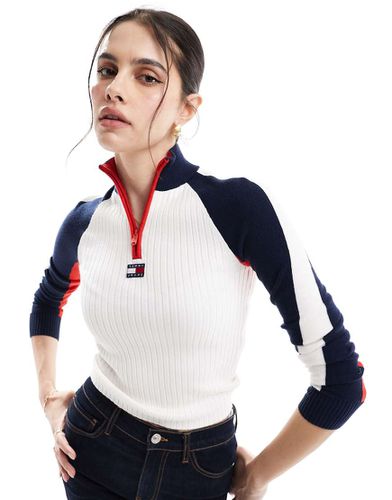 Top color block e blu navy a coste con zip corta - Tommy Jeans - Modalova