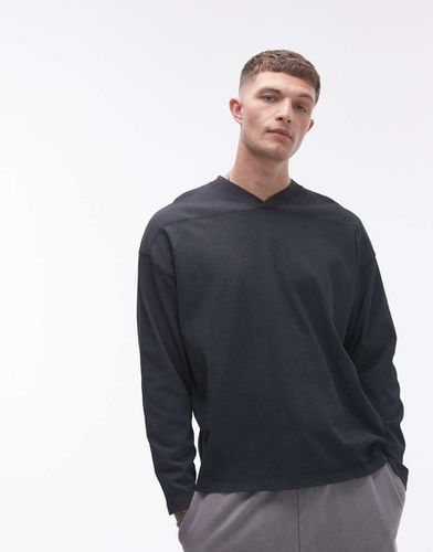 Maglietta nera a maniche lunghe con scollo a V - Topman - Modalova