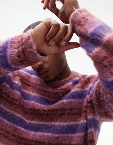 Maglione oversize spazzolato rosa a righe - Topman - Modalova