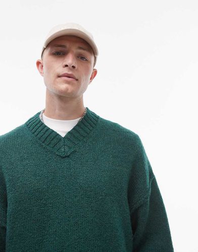 Maglione oversize verde con scollo a V e cuciture a vista - Topman - Modalova