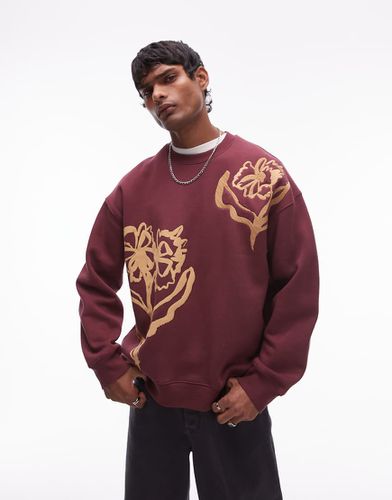 Felpa oversize bordeaux con ricamo e stampa a fiori astratti sul davanti e sul retro - Topman - Modalova