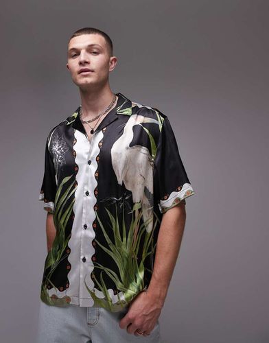 Heron - Camicia a maniche corte in raso nera - Topman - Modalova