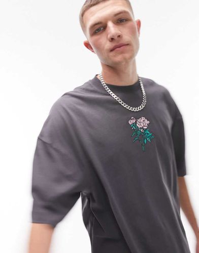 T-shirt super oversize antracite con ricamo floreale - Topman - Modalova