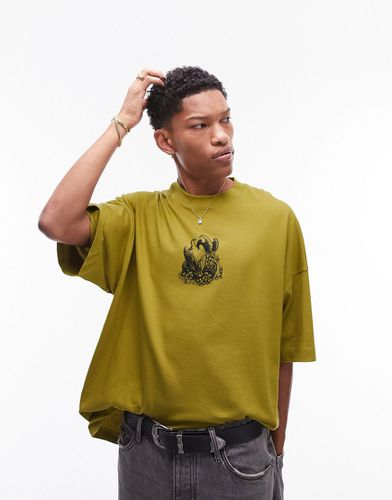 T-shirt premium super oversize oliva con stampe sul davanti e sul retro di nido con colombe - Topman - Modalova