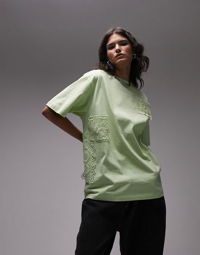 T-shirt oversize lime con strati sovrapposti applicati all'uncinetto - Topshop - Modalova