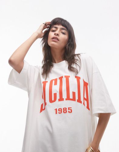 T-shirt super oversize premium bianca con stampa "Sicilia" - Topshop - Modalova