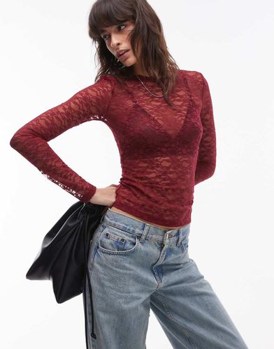 Top a maniche lunghe bordeaux in pizzo - Topshop - Modalova