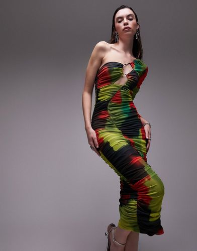 Vestito midi monospalla arricciato in rete in colori accesi stile acquerello - Topshop - Modalova