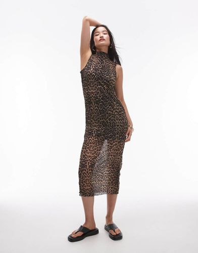 Vestito midi plissé increspato senza maniche con stampa leopardata - Topshop - Modalova