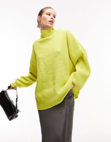 Maglione taglio lungo con collo alto in maglia color lime - Topshop - Modalova