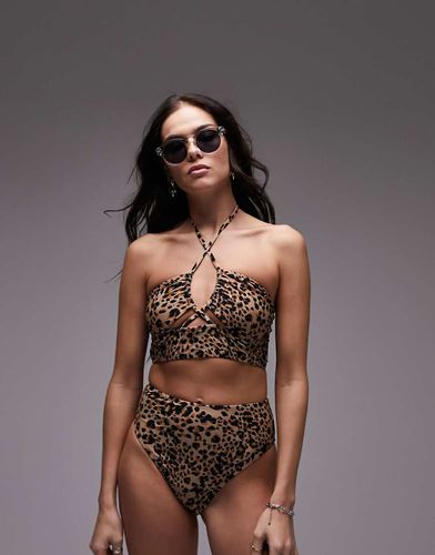 Mix and Match - Top bikini allacciato al collo taglio lungo con stampa leopardata - Topshop - Modalova