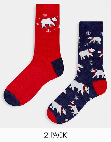 Confezione da 2 paia di calzini natalizi soffici blu navy e rossi con orsi polari - Threadbare - Modalova