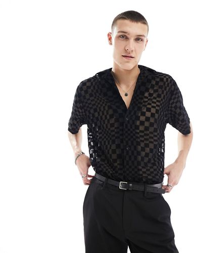 Camicia a maniche corte nera con scacchiera fiammata e colletto rever - Twisted Tailor - Modalova