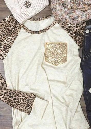 Leopard Sequined Pocket Baseball T-Shirt Tee - unsigned - Modalova